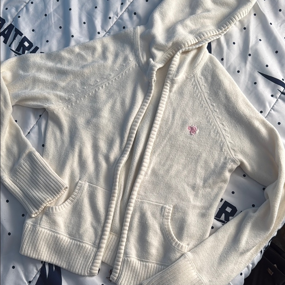 Takeout Cream Hooded Cardigan with Pink Accents